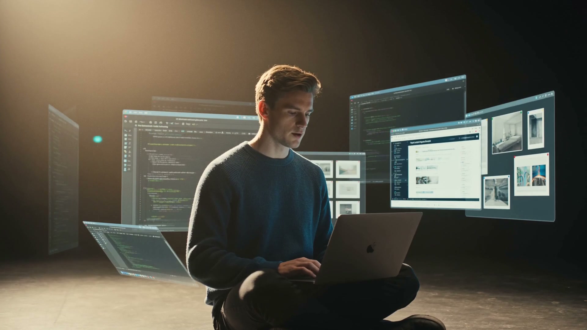 A builder working across glowing code and design screens